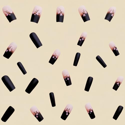 Spring Press on Nails Medium Fake Nails Pink Black Gradient Square Press on Nails Coffin Glossy False Nail with Flowers Designs Full Cover Acrylic Nails Glue on Stick on Nail for Women 24PCS - color: W8