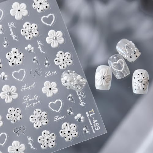 White Flower Nail Stickers 5D Embossed Nail Stickers Decals - color: Color37