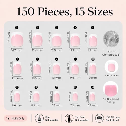 Beetles French Tips Press On Nails - Short Square 150 Pcs - color: 01 - Pink French - S