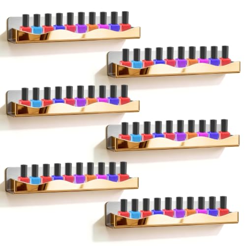 15" Nail Polish Wall Rack 6 Pack, Wall Mounted Organizer Holds 66+ Bottles - color: Gold-polished
