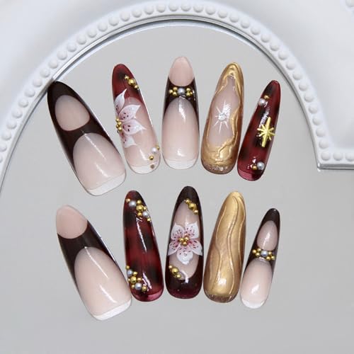 RUOKEXIN Long Press on Nails Almond Fake Nails French Tip False Nails with 3D Gold Designs Stiletto Nail Press ons Sparkly Artificial Nails for Women 24Pcs - color: Almond Style 11-13