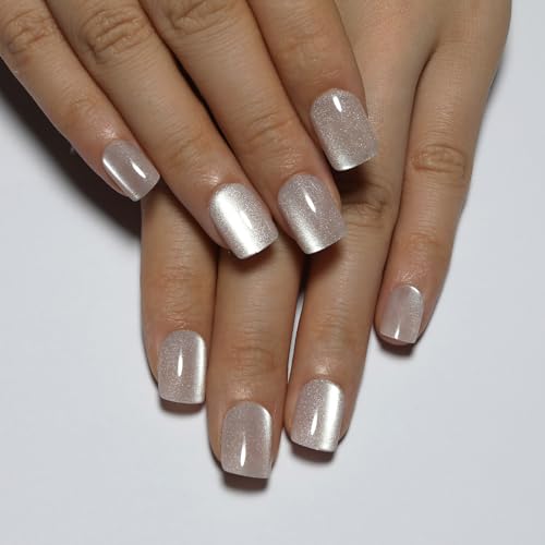 Nude Press On Nails Square, Cat Eye Press On Nails Short Fake Nails - color: M04-Silken Glow