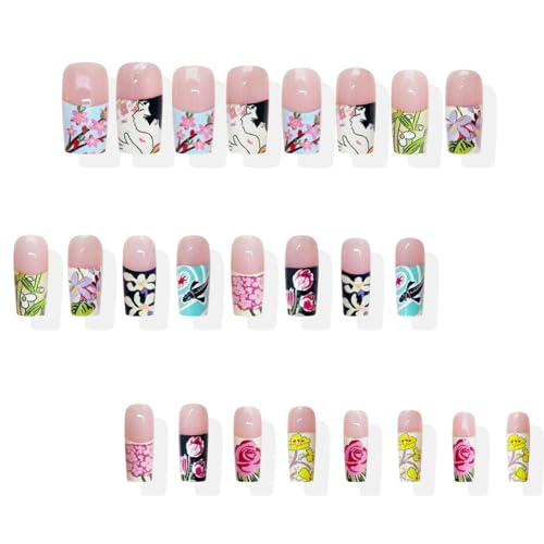 24pcs Long Coffin Press on Nail Spring Fake Nails French Tip Press ones with Floral designs Colorful Stick on Nail Full Cover Cute False Nails Reusable Flower Glue on Nails for Women Summer - color: styles37