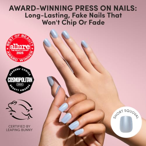 Glamnetic Press On Nails - Short Squoval, Glazed Fake Nails 30 Pc Full Kit - color: Powder Bleu - Light Blue Solid