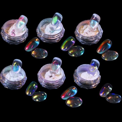 Ice Transparent Aurora Nail Powder Neon Rainbow Holographic Chameleon Powder Multi Chrome Iridescent Pigment Pearlescent Nail Art Glitters (6 Boxes Transparent) - color: 6 Boxes Transparent