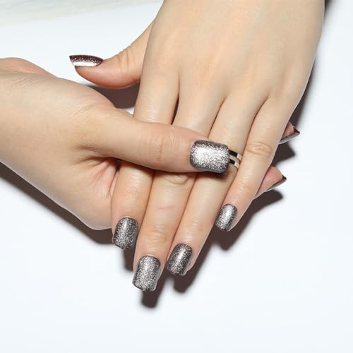 Glittering Silver Press on Nails Short Square, Silver Fake Nails Kit, Fashion Glossy Acrylic Short Press on Nails, Natural Stick on Nails, Thick Reusable Glue on Nail for Women, 24Pcs - color: B19-Glittering Silver
