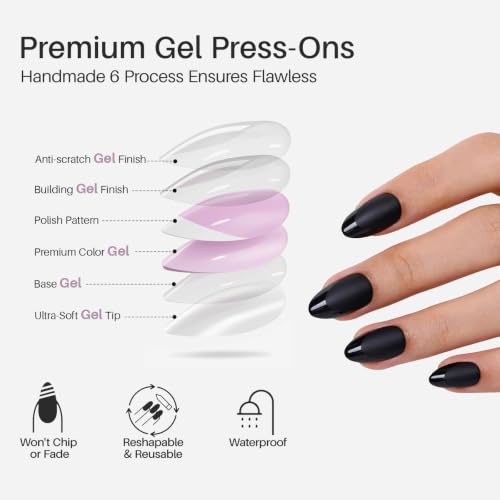 SHANGMENG Halloween Press on Nails, Almond Short Matte Black French Nails - color: Matte Black