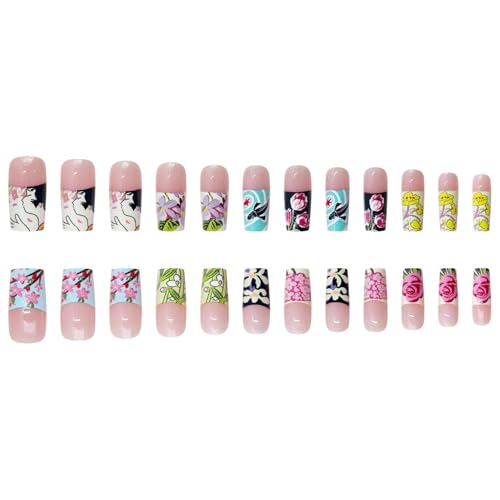 24pcs Long Coffin Press on Nail Spring Fake Nails French Tip Press ones with Floral designs Colorful Stick on Nail Full Cover Cute False Nails Reusable Flower Glue on Nails for Women Summer - color: styles37