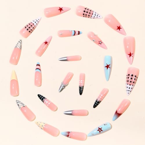Press on Nails Long Almond Star Zebra Stripe Metal Stud Gradient Fake Nail 24pcs