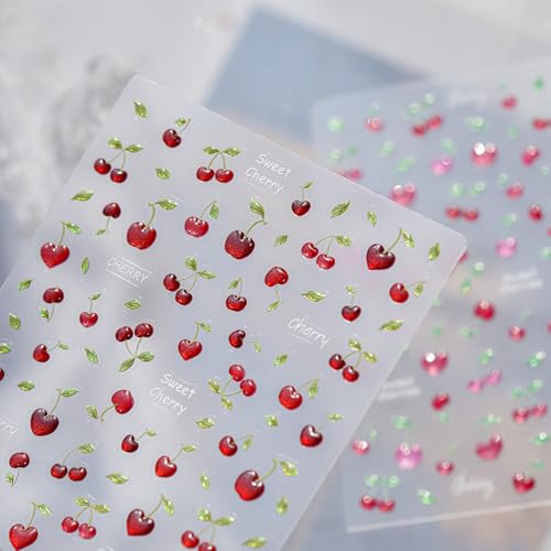 1 Sheet Cherry Nail Art Stickers 5D Cherries Nails Decals Cute Summer Fruits Nail Stickers Green Leaves Nail Supplies Jelly Cherry Nail Decorations for Women Spring Summer DIY Manicure Accessories - style: jelly cherry