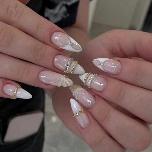 24Pcs Medium Almond Press on Nails White French Tip Nude Acrylic Fake Nails with 3D Gold Beads Rhinestone Chain Designs False Nails Luxury Elegant Full Cover Glossy Glue on Nail Manicure for Women - color: style09