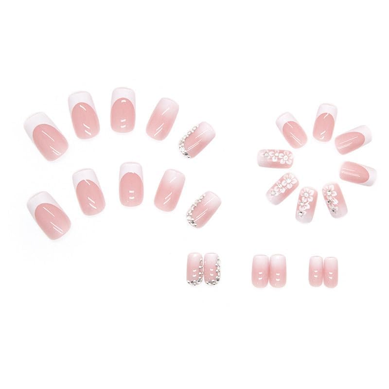 24Pcs Medium Square Fake Nails French Tip Press on Nails, Glossy Glue on Nail Full Cover False Nails with Rhinestones & Flowers Designs Medium White Nail Tips Pink Acrylic Nails for Women Girls - color: Pink Flowers