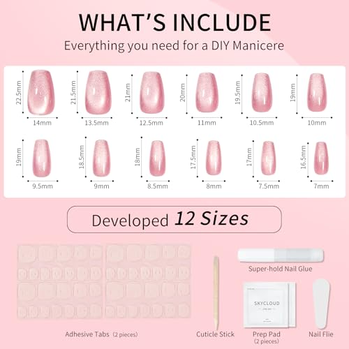 Skycloud Cat Eyes Press On Nails - 24 Pcs Soft Gel Rose Red Pink Medium Coffin Fake Nails Kit with Nail Glue, Natural Reusable Stick On False Nails for Women and Girls (SK0719) - color: SK0719-Rose Red