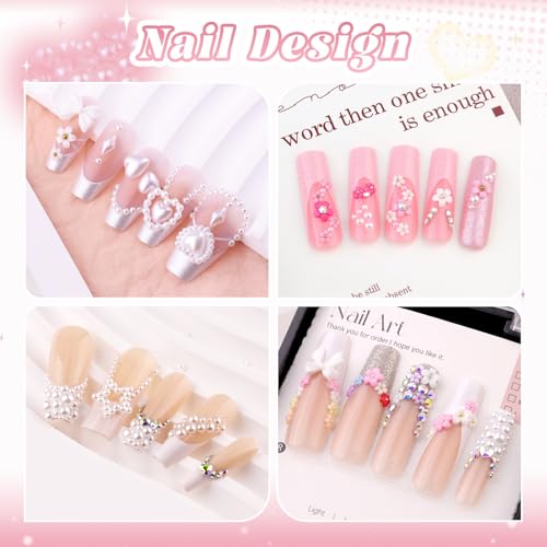 Flatback White Pearls and 3D Flowers for Nails Caviar Nail Beads with Glue - color: 10 2 Boxes Nail Art Decos Set 29+Glue
