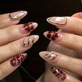 Almond Press on Nails - Medium Fake Nails with Flower Gold Line Design - Ombre False Nails Press ons - for Women Manicure 24 Pcs - color: Brown Gold