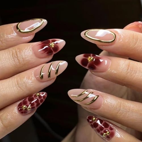 Almond Press on Nails - Medium Fake Nails with Flower Gold Line Design - Ombre False Nails Press ons - for Women Manicure 24 Pcs - color: Brown Gold
