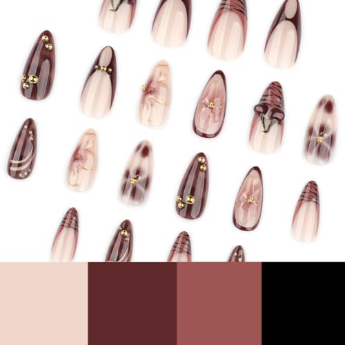 Fall Brown Press on Nails Medium Almond - Tortoise & 3D Cherry - color: D-49