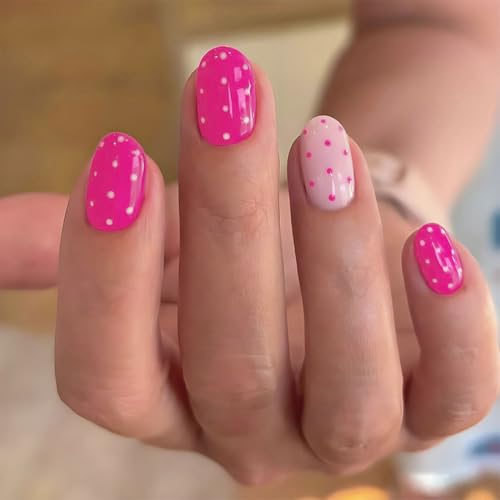 Pink Polka Dot Press On Nails Short Almond Fake Nails Full Cover Stick On - color: BD-Pink-4
