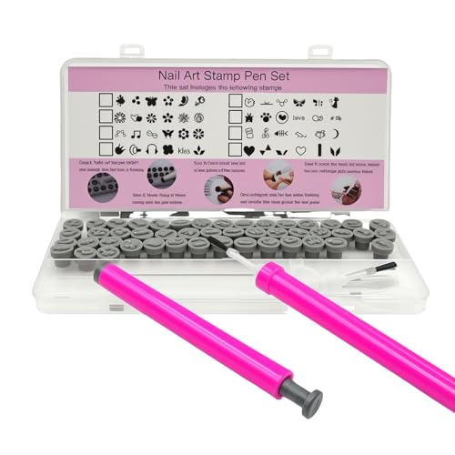 56PCS Nail Art Stamp Pen Set, 48 Designs, 6 Brush Heads, for Beginners