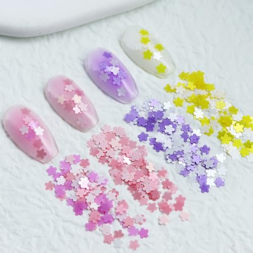 1 Box 6 Color Holographic Flower Nail Glitter Floral Nail Sequins 3D Pink Purple Nail Flakes Sparkly Glitter Flakes Shiny Nail Glitter Spring Summer Nail Sequins Glitter for Nails Art 12 Grids - color: YHN19