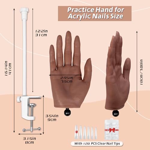 Realistic Silicone Practice Hand for Acrylic Nails, Flex Fingers - color: dark skin
