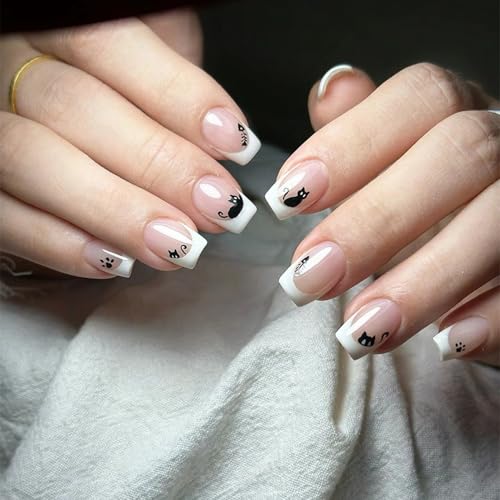 Hallowen Cat Press on Nails Medium Square Shaped French Tip Fake Nails with Cute Cartoon Black Cats and Fish Design Pink Glossy False Nails Full Cover Acrylic Nails for Women - color: Halloween Style 026
