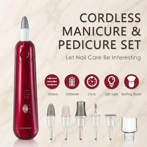SEAMIND 5-in-1 Electric Nail File Kit, Cordless Manicure Pedicure Set, Red