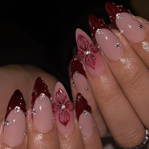 Burgundy French Tip Press on Nails Medium Almond - 3D Flowers - color: D-50