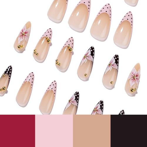 Spring Summer French Press On Nails Medium Almond Fake Nails Flower False Nails With French Polka Dot Desigh Floral Reusable Glossy Stick On Nails Full Cover Glue On Nails For Women Manicure 24Pcs - color: Design-14
