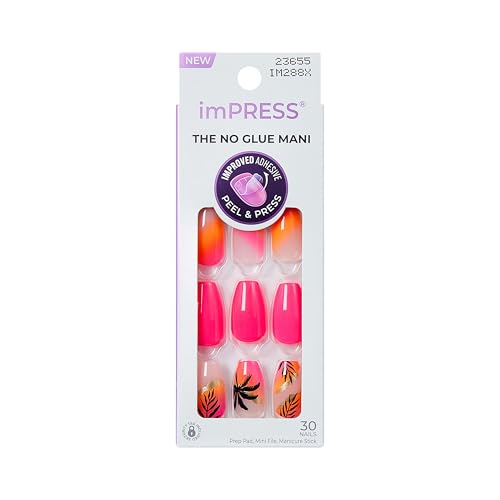 Kiss Impress No Glue Mani Press On Nails, Design, 'Sol', Pink, Medium Size, Coffin Shape, Includes 30 Nails, Prep Pad, 1 Manicure Stick, 1 Mini File