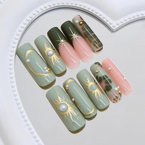 MISUD Press on Nails - Long Square Fake Nails with Green, Acrylic Gold Chrome Sun Star Design 24 pcs - color: 07814-09Green