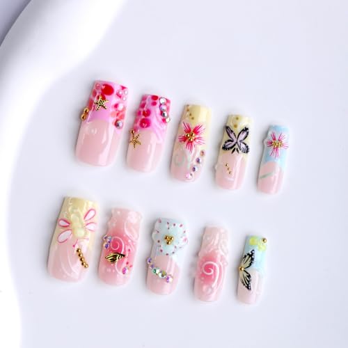 Press on Nails Long Coffin Floral Butterfly Fake Nail 24pcs - color: 43