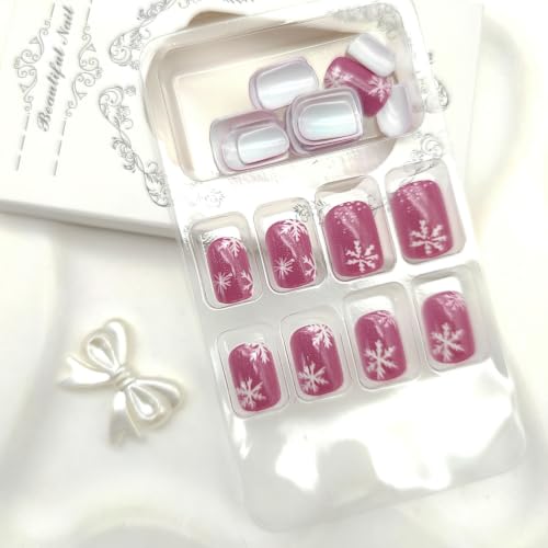 Winter Press on Nails Short Square Fake Nails Snowflake Cat Eye for 24Pcs - color: 26