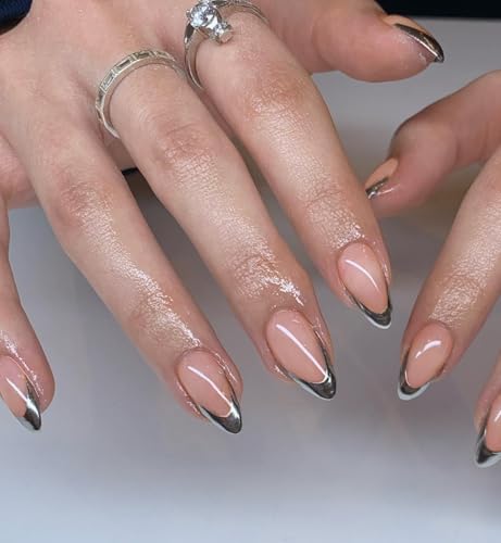 Silver French Tip Press On Nails Medium Almond, Fake Nails French Nails Press ons Acrylic Nails Glue on Nails Medium, Natural Short Almond Nails False Nails for Women in 12 Sizes 24 Pcs - color: almond chrome silver