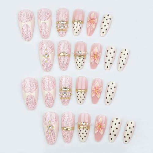 White Lace Press On Nails Medium Almond Fake Nails Polka Dot False Nails With Flower Gold Ring Design Acrylic Nails Press Ons Rhinestone Reusable Glue On Nails For Women - color: Design-28
