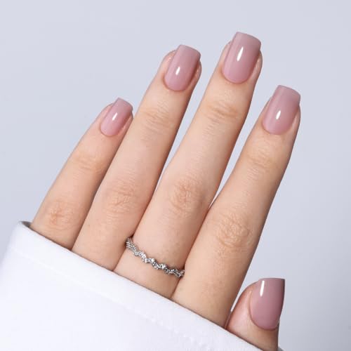 Pink Nude Press On Nails, Short Square, Glossy Skin Tone Glue On Nails - color: A8-Pink Nude