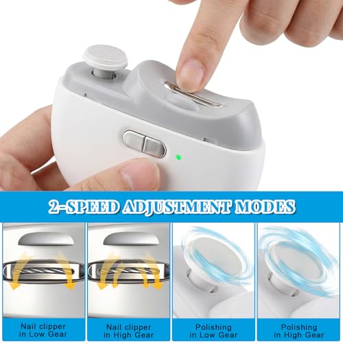 Automatic Electric Nail Clipper for Adults Seniors, 2-Speed Adjustable Smart Auto Nail Clipper Trimmer with Polisher & LED Light, Strong Power USB Rechargeable Toenail Fingernail Nail Cutter White