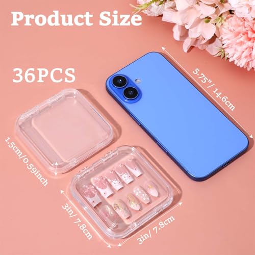36 Pcs Press On Nail Storage Boxes, Storage Case, Clear Acrylic Fake Nail Organizer Container for Nails Display Salon Supplies 3x3x0.6 Inch