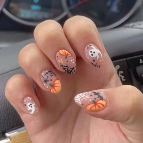Halloween Almond Press on Nails Short Fake Nails Full Cover Cute Pumpkin Spider False Nails with Spider Web Little Ghost Designs Acrylic Nails Glossy Glue on Nails for Women Nail Art DIY 24 Pcs - color: Style 24