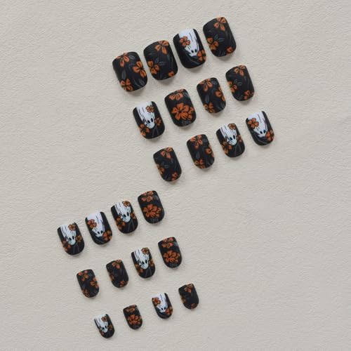 Halloween Yellow Flowers Press on Nails Short Square Fake Nails with Cute Little Ghost Designs Black Matte Artificial Nails Full Cover Stick on Nails Halloween Glue on Nails for Women Nail Art DIY - color: Style 11