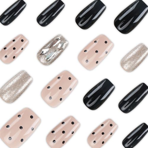 Polka Dots Press on Nails Medium Square Fake Nails with Rhinestone Glitter Designs Black Nails Press ons Glossy Glue on Nails Small Stick on Nails for Women 30Pcs - color: Rhinestone Glitter Designs