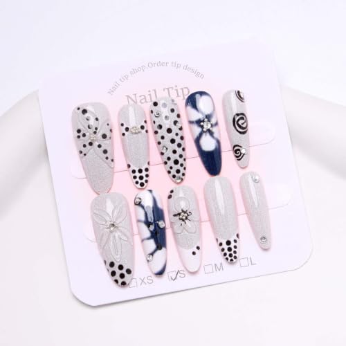 Long Stiletto Press On Nails, 30Pcs Blue White Floral Polka Dot Fake Nails - color: Blue White Floral Nails-15