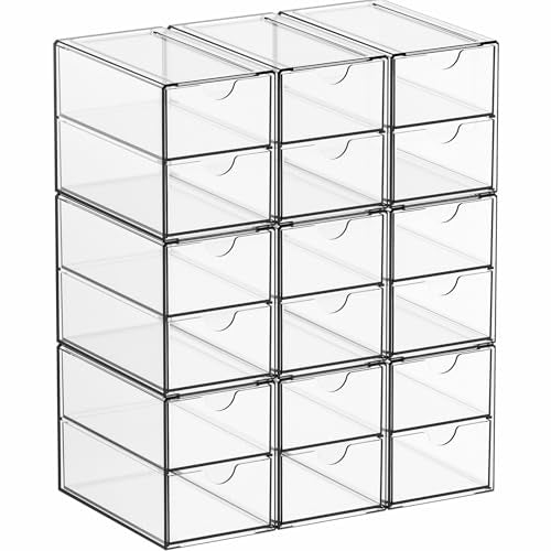 Yieach 9 Pack Small Acrylic Drawers With 18 Drawers,Clear Drawer Organizers Stackable,School,Office Supplies Organizer And Storage Bins for Stationery,Pen,Pencil,Craft,Glasses,Sunglass Organizer Case - size: 18 Drawers-3.4 In Narrow