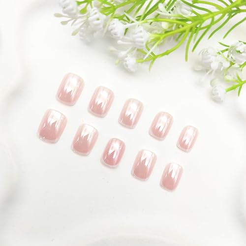 24Pcs French Tip Press on Nails Short Square Fake Nails with Chrome Designs - color: 33