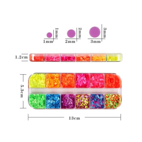 1 Box 12 Color Fluorescent Circle Nail Glitter Pink Yellow Nail Sequins 3D Colorful Nail Flakes Sparkly Glitter Flakes Shiny Nail Glitter Iridescent Nail Sequins Glitter for Nails Art 12 Grids - color: YHN09