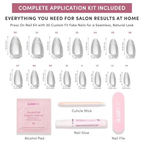 Glamnetic Press On Nails - Short Almond Cat-Eye Fake Nails 30 Pc Full Kit - color: Heavenly Metal - Silver Foil French Tip
