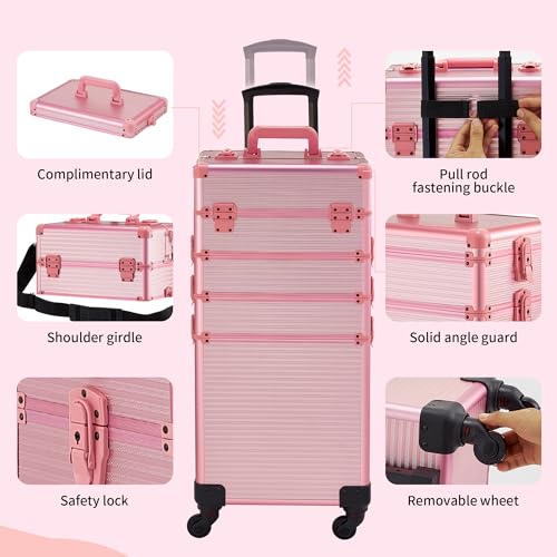 Rolling Makeup Case, Makeup Train Case with Lid, 5 in 1 Cosmetology Case on Wheels, Christmas Gift, Large Makeup Case Organizers, Profesional Cosmetic Case for Salon Barber, Pink - color: Pink