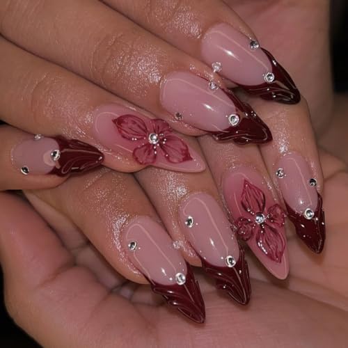 Burgundy French Tip Press on Nails Medium Almond - 3D Flowers - color: D-50