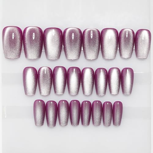Purple Medium Press On Nails, Cat Eye Coffin Press On Nails, Crystal Glow Design, Ice Glossy Gel Purple Fake Nails, Reusable Acrylic Stick On Nails for Women - color: C0-Moonlit Amethyst