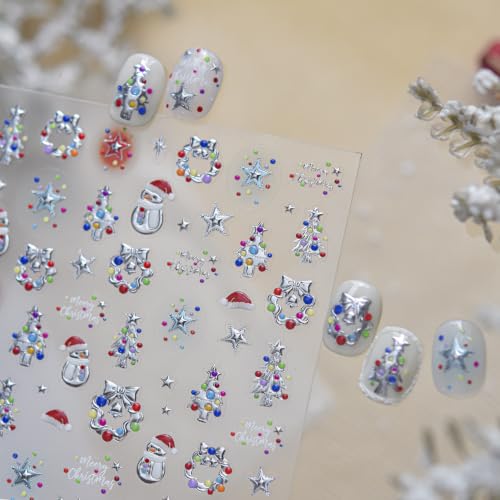 1 Sheet Christmas Nail Art Stickers 5D Embossed Colorful Lights Christmas Tree Nail Stickers Self-Adhesive Snowmen Stars Christmas Wreath Nail Supplies for Women Winter Holiday Acrylic DIY Nail Decor - color: Polka Dots Xmas Tree